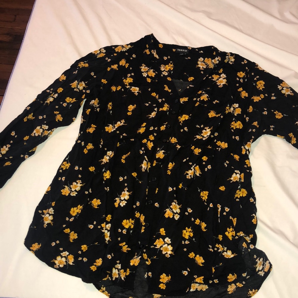 Torrid Black and Yellow Floral Button up Top